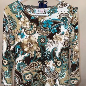 Denim& Co 3/4 Sleeve Brown and Turquoise Paisley Shirt